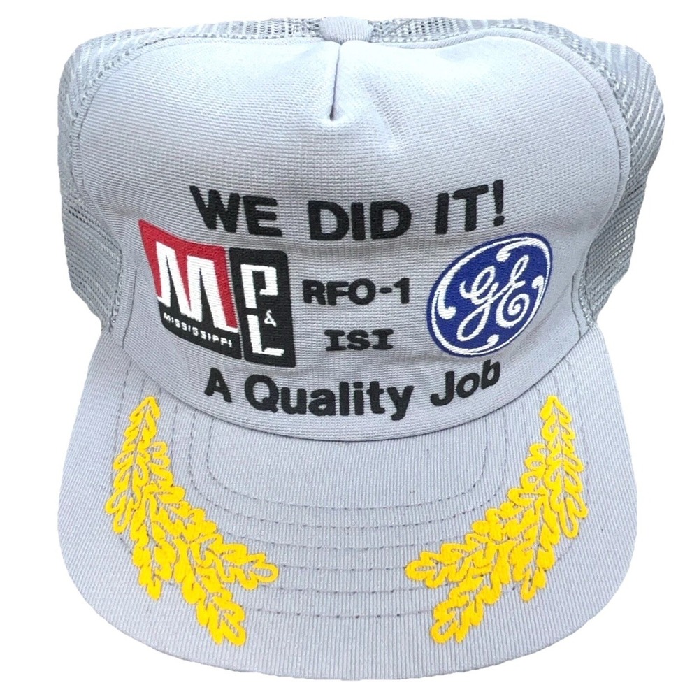 Vintage Trucker Hat Cap Snap Back Gray USA Puffy Print‎ 80s General Electric